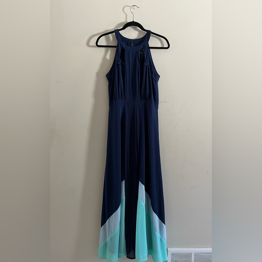 Adelyn Rae Navy And Turquoise Colorblock Crepe Maxi Dress Size S.